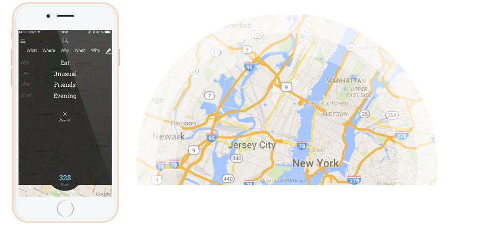 Inspirational myLike search and New York map – Eat, Unusual, Friends, Evening